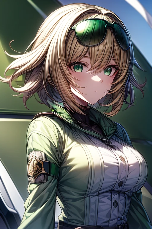 (masterpiece, best quality, perfect face, expressive eyes), 1girl, (anime), (adult), green eyes, (blonde hair), green armband, white coat, (green tinted sunglasses on head) 