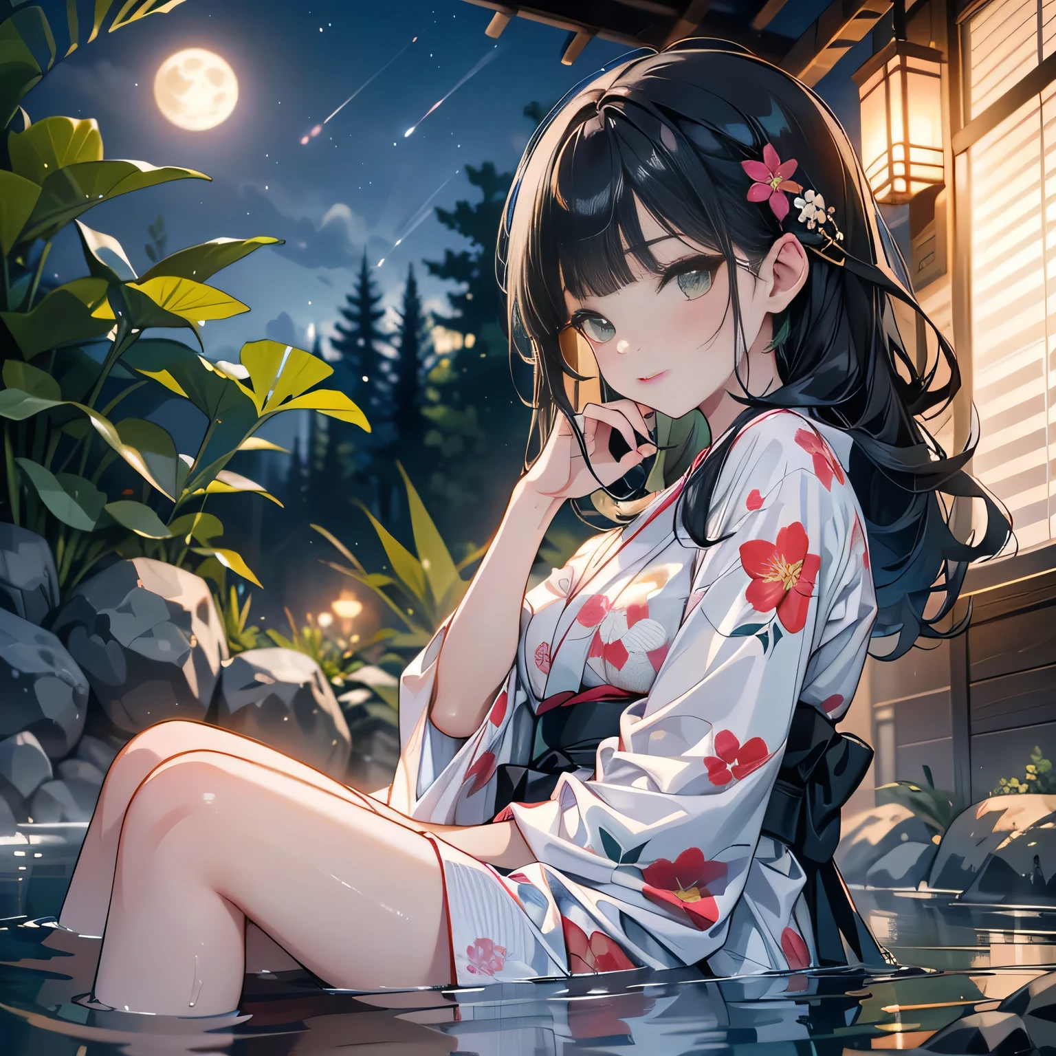 full body,low angle,from below,♥(japanese flower printed yukata),(bathing in the spa), ((1girl,cute,young,Semi long beautiful black hair,blunt bangs,beautiful green eyes)),(solo),((masterpiece, highest resolution,best quality)), ((realistic:1.5,Beautiful girl RAW photo)), (bathing in the spa), (looking at the viewer), innocent smile,cinematic lighting,beautiful outside open spa, rocks,natural beauty,full moon,night sky