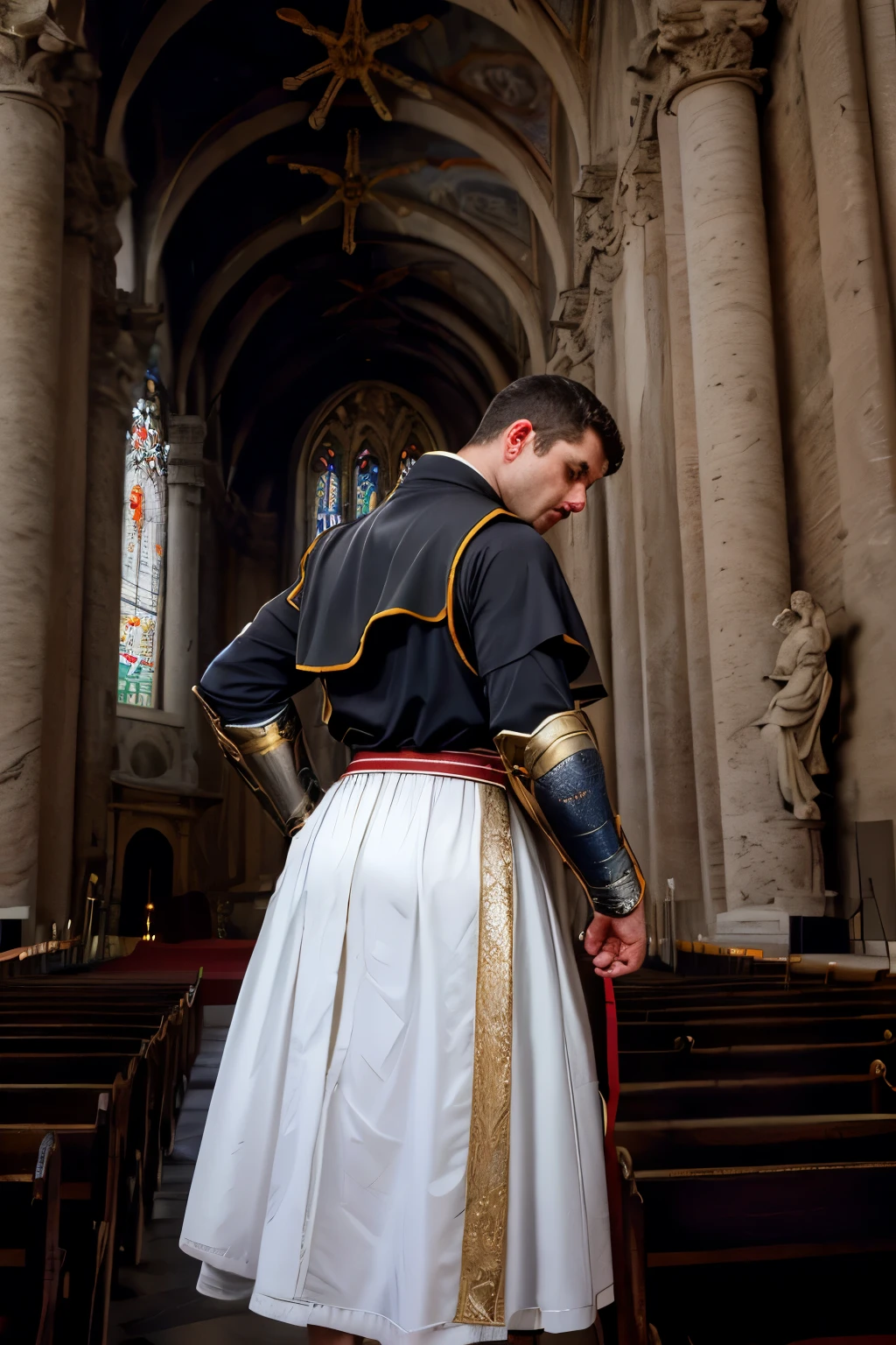 looking back, DariusFerdynand wearing well-fitted sleeveless red and white sheer tight Roman-Catholic-pope robe-armor, looking at viewer, peaceful and righteous expression, dynamic pose BREAK St. Peter's Basilica, Vatican, BREAK heroic, religious motifs, Chiaroscuro, Renaissance art, ecclesiastical power, BREAK realistic, cinematic, best quality, detailed background, depth of field, intricate details