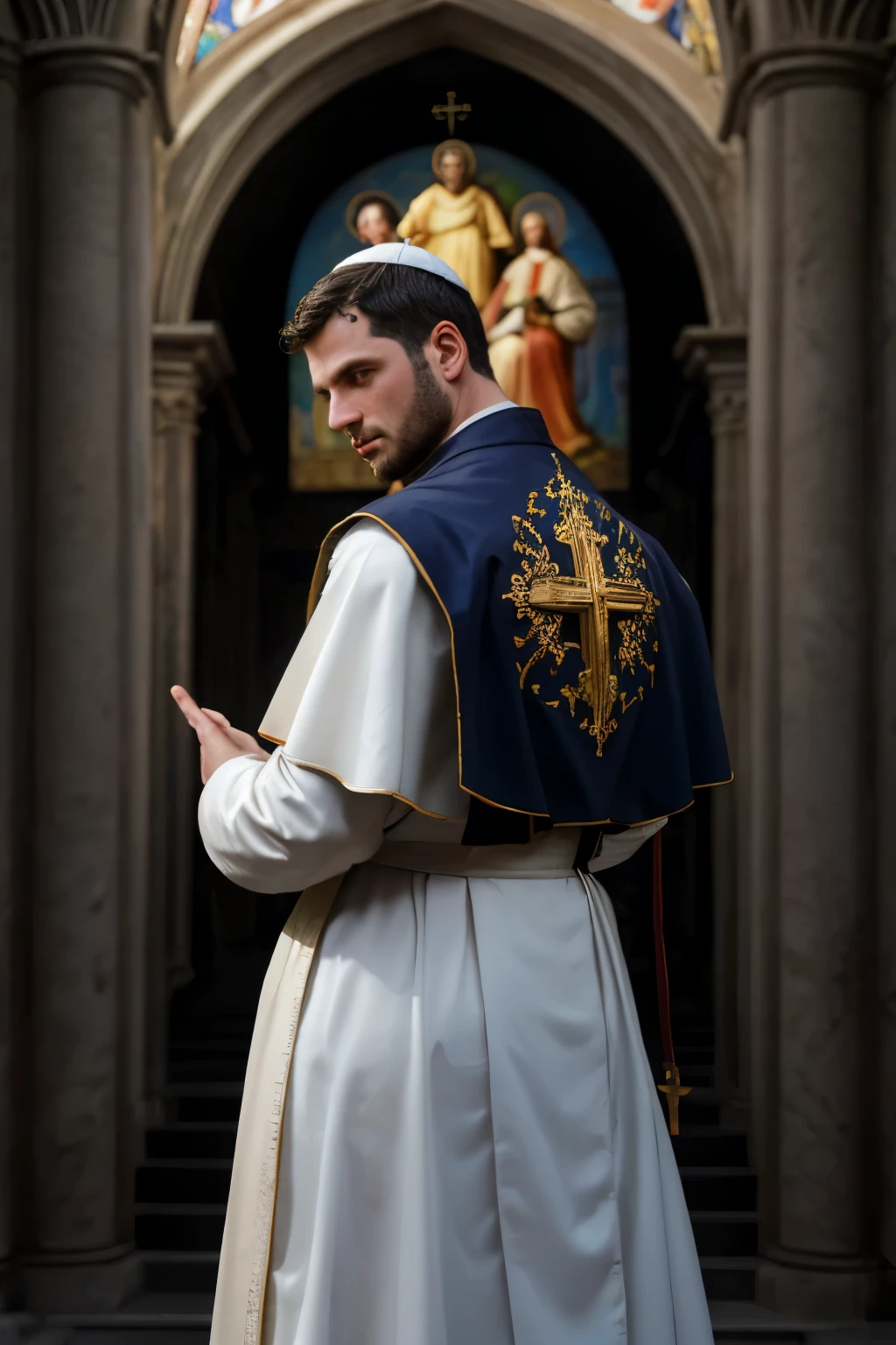 looking back, DariusFerdynand wearing well-fitted sleeveless red and white sheer tight Roman-Catholic-pope robe-armor, looking at viewer, peaceful and righteous expression, dynamic pose BREAK St. Peter's Basilica, Vatican, BREAK heroic, religious motifs, Chiaroscuro, Renaissance art, ecclesiastical power, BREAK realistic, cinematic, best quality, detailed background, depth of field, intricate details