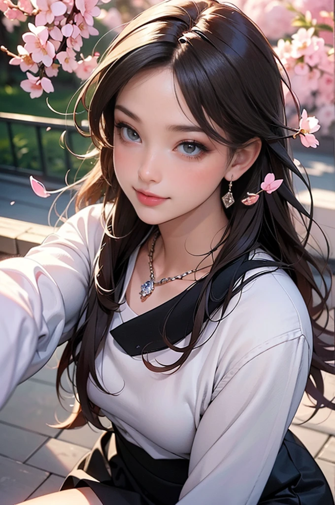 ((Tabletop, highest quality, High resolution, Hmph, Pixel perfect, Written boundary depth, 4K, Hmph, Hmph))), 1 girl, single, alone, Beautiful Anime Girls, Beautiful art style, Anime characters, ((Long Hair, bangs, Brown Hair)), ((Green Eyes:1.4, Round eyes, Beautiful eyelashes, Realistic eyes)), ((Detailed face, blush:1.2)), ((Smooth texture:0.75, Realistic texture:0.65, Realistic:1.1, Anime CG Style)),  Dynamic Angle,  ((throw, Selfie pose, Portraiture)), ((Black sweater, Long sleeve, Black Skirt, Checked skirt, Fashionable, 1 diamond necklace)), smile,  amusement park, ((cherry blossoms, cherry blossomsの花が散る))