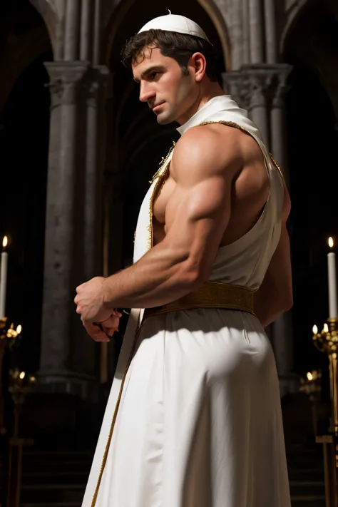 looking back, dariusferdynand wearing well-fitted sleeveless red and white sheer tight roman-catholic-pope robe-armor, wearing n...