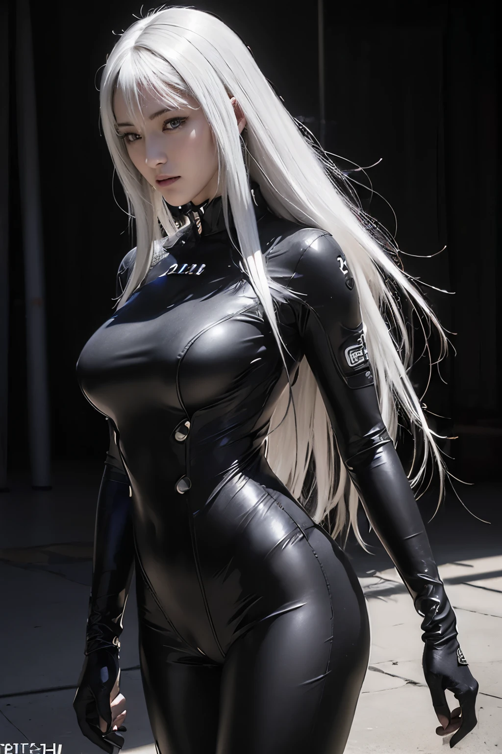 (Photorealsitic: 1.8)、It is a raw photo, High resolution, 1womanl, Solo, hips up high, look at viewr, (Detailed face), White hair, Long hair, Gantz, reika\(body suit\), Black and white suit