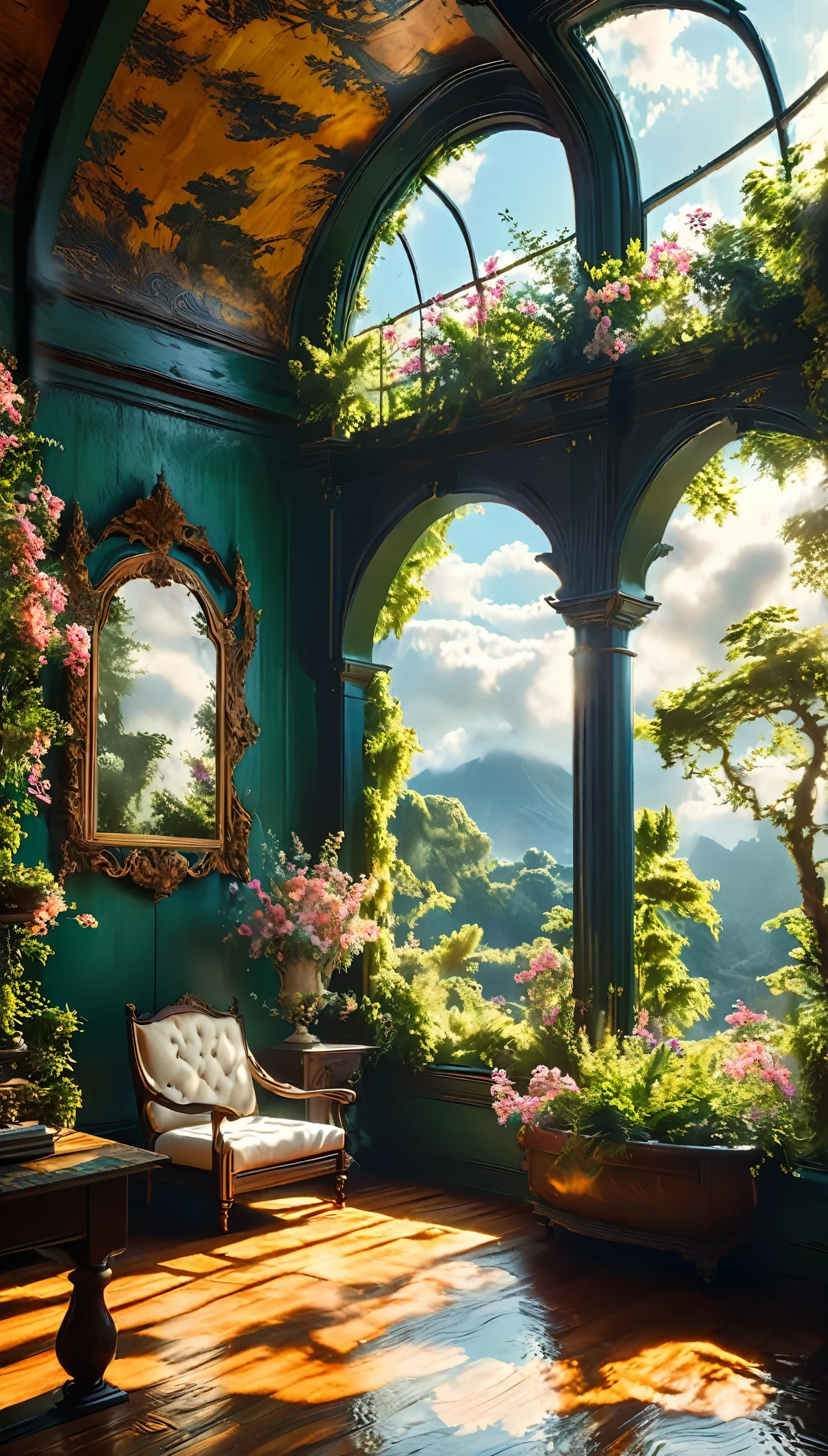 Create a serene scene of a cozy room with a large window offering an extra cloudy view of a paradise, rendered in highly detailed digital art with 4K and 8K resolutions, using Octane and inspired by the style of Romanticism. This concept art should be a masterpiece of official illustration, merging realism and divine elements to achieve the highest quality.

The room features warm, wooden interiors with plush furniture, creating a cozy and inviting atmosphere. A large, arched window dominates one wall, framed by elegant drapes that are gently swaying in the breeze. Through the window, an ethereal, cloud-filled paradise is visible, bathed in soft, golden light.

Outside, the landscape is a breathtaking expanse of rolling hills covered in lush, vibrant greenery and dotted with radiant, blooming flowers. The sky is filled with thick, fluffy clouds, their edges glowing with a divine light. The clouds move lazily, creating ever-changing patterns of light and shadow over the paradise.

In the foreground, a tranquil pond reflects the celestial light, surrounded by delicate, glowing plants and ancient, majestic trees. Ethereal creatures, both real and fantastical, move gracefully through the garden, adding a sense of wonder and tranquility.

The composition captures the cozy interior of the room and the breathtaking view of the cloud-filled paradise outside. The rendering by Octane highlights the textures of the wooden interiors, plush furniture, and celestial light, creating a scene of stunning realism and fantasy.

Every element, from the intricate carvings of the furniture to the radiant flowers outside, is meticulously crafted to create a vivid and immersive experience. This digital artwork embodies the serene imagination and perfect composition envisioned by artists like Caspar David Friedrich and J.M.W. Turner, making it a true masterpiece.