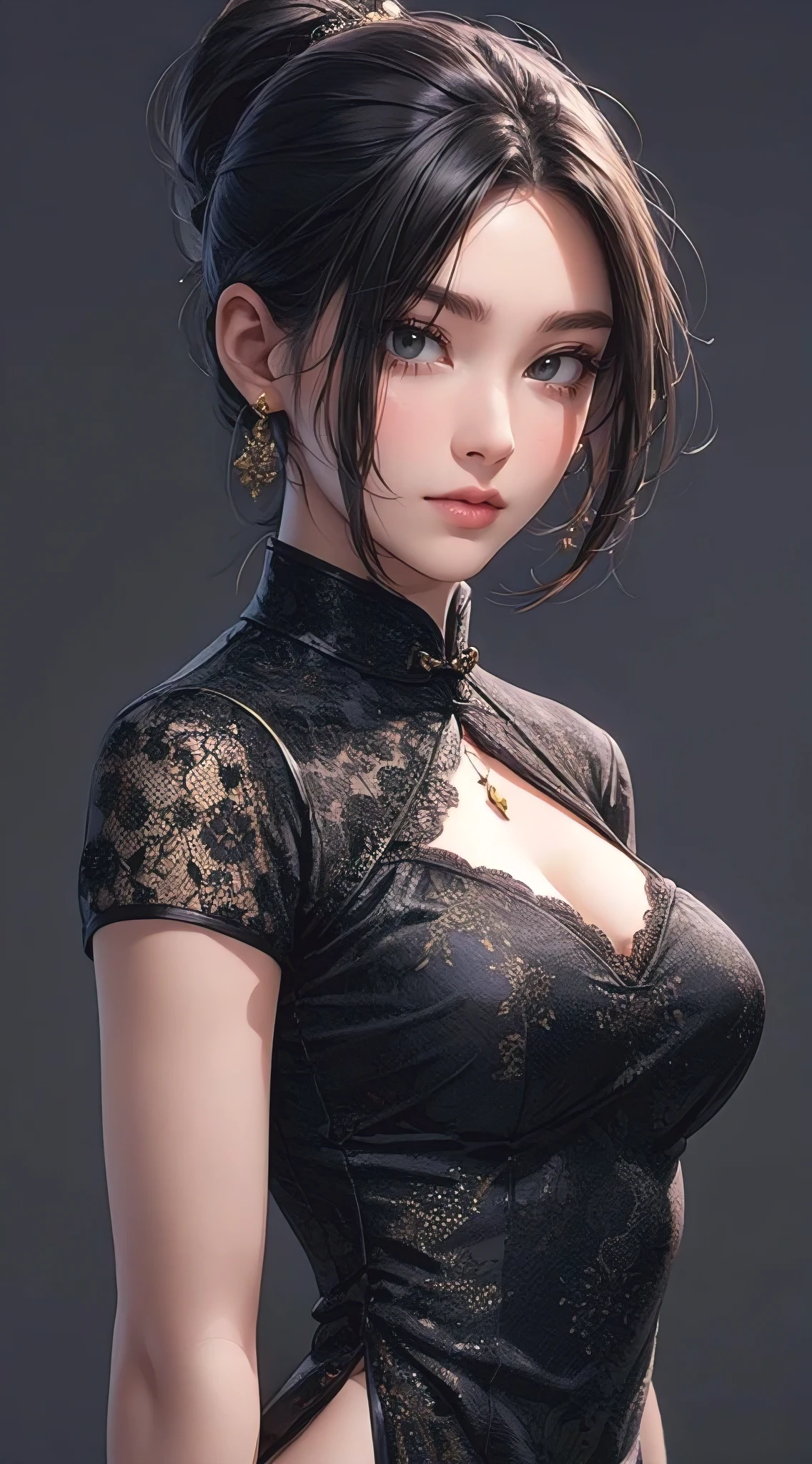 beautiful, perfect body proportions, curvaceous, busty, slim, black lace cheongsam with gold linings, high ponytail, photorealistic