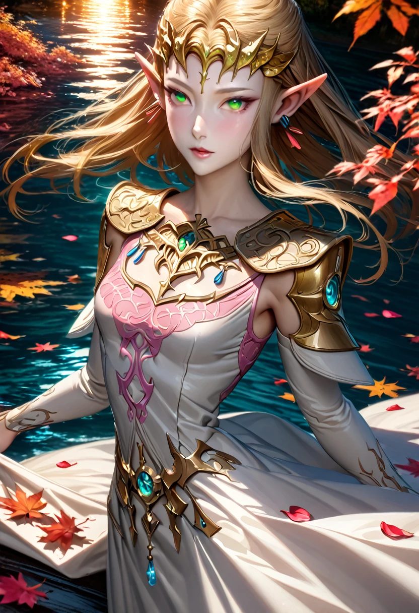 Ultra detailed, highres, absurdres, HDR, blond short hair, expressive green eyes, water, autumn, petals, pink leaves, woman, solo, extremely beautiful, very detailed face and eyes, white long dress with patterns, pointy ears, realistic face, noche, luna, oscuridad, NSFW