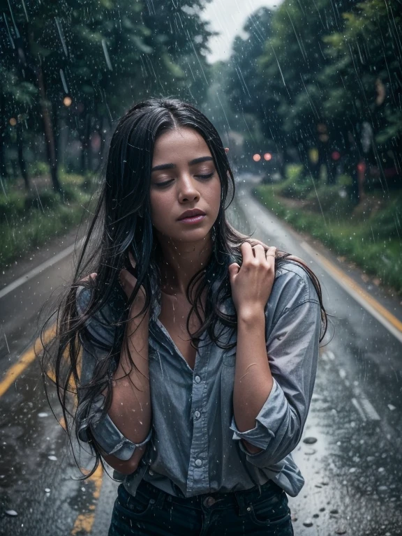 a beautiful european girl crying in the countryside road, rainy, trees around the road, standing, wet shirt, long hair, black hair, ((small breasts))