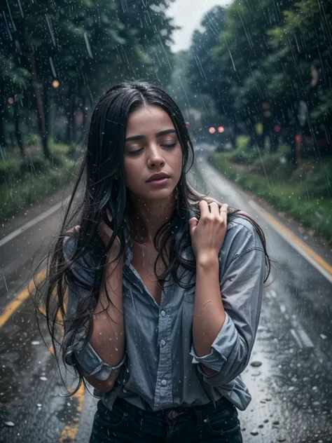 a beautiful european girl crying in the countryside road, rainy, trees around the road, standing, wet shirt, long hair, black ha...