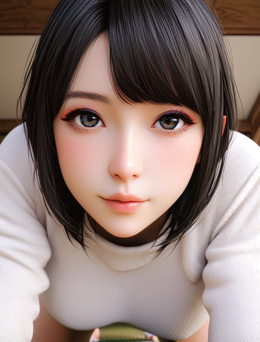 zPDXLrl, score_9, score_8_up, score_7_up, A hyper realistic ultra detailed photo of cute woman, photo, 3d,
traditional geisha hair, bangs, black hair, realistic, tightly cropped composition,
(realistic skin:1.1), cute, body, big breasts, perky boobs,
eyes, perfecteyes,
side view,
face focus,
looking at viewer,
bashful, portrait, close up,
Inside a japanese inn, tatami mats, detailed and intricate environment, wearing sweater, makeup, on all fours, eyeshadow, cheek,
looking at viewer, from below, 