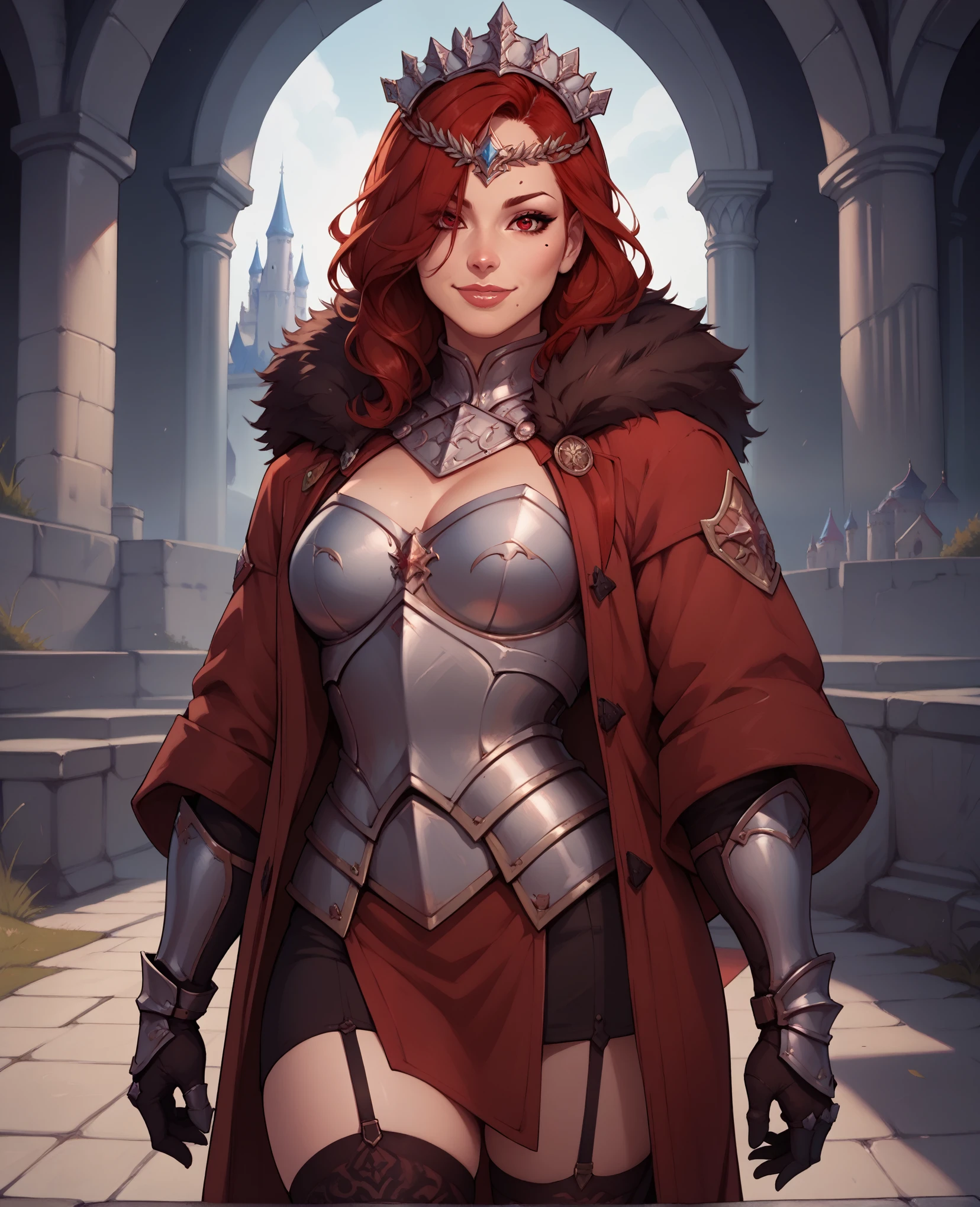 score_9,score_8_up,score_7_up,
hildexl,red hair,lips,hair over one eye,red eyes,mole under mouth,
armor,gauntlets,fur trim,breastplate,thighhighs,red coat,head crown,looking at viewer,light smile,
standing,    
european castle,
