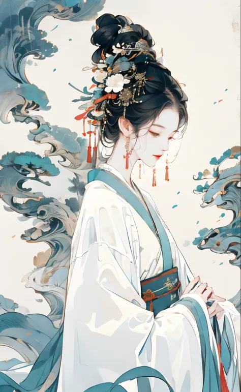 One wears a white Hanfu，Look up slightly into the distance，Profile，Simple bun，An indifferent look，Perfect face，Perfect hands