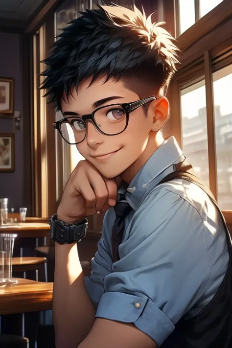 Window side, cafe, smile, blue tie, male, 18 years old, Short spiked Hair, black hair, white shirt, rolling up sleeves, Glasses,...