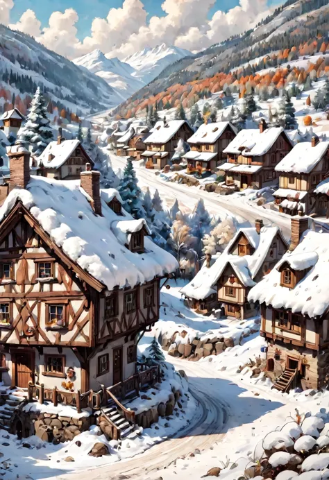 snowy village , now fall,  watercolor, Watercolor, trending on artstation, sharp focus, studio photo, intricate details, highly ...