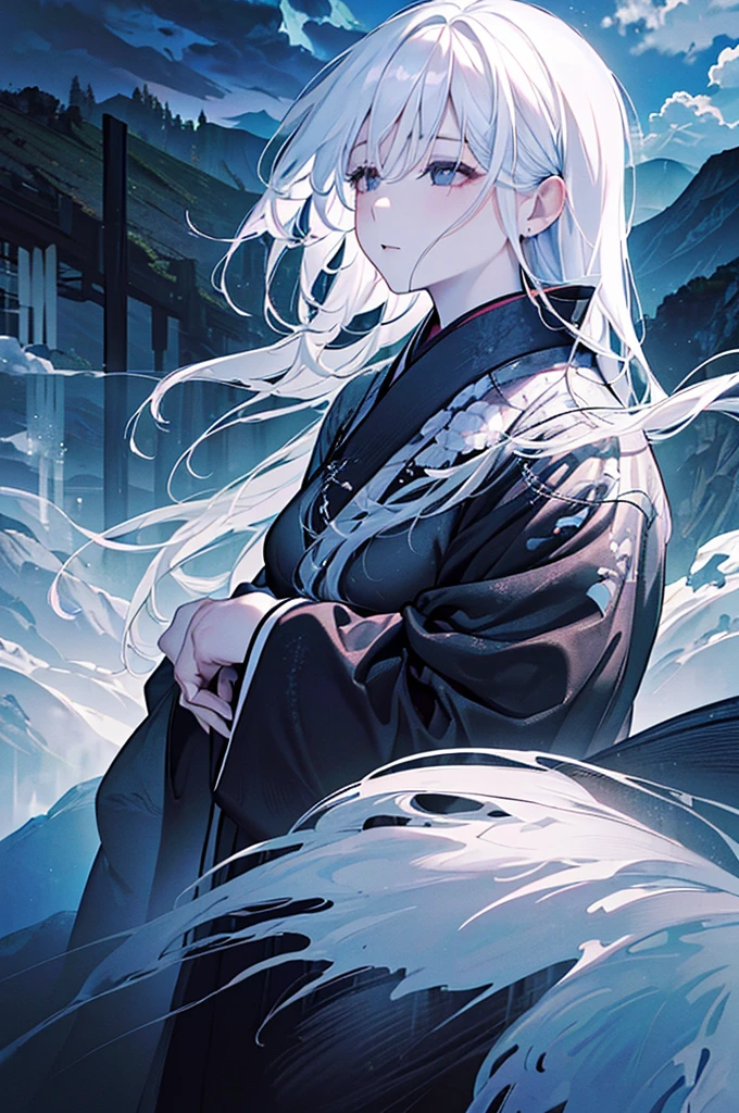 Woman with long white hair、30 years old、(((Full body portrait、cool)), nature, mountain lakes, (((Cloudy weather)), ((Late Afternoon)), ((Black clothes),kimono、Realistic lighting, Realistic Shadows, Ultra-realistic, Realistic, 8k, Full HD