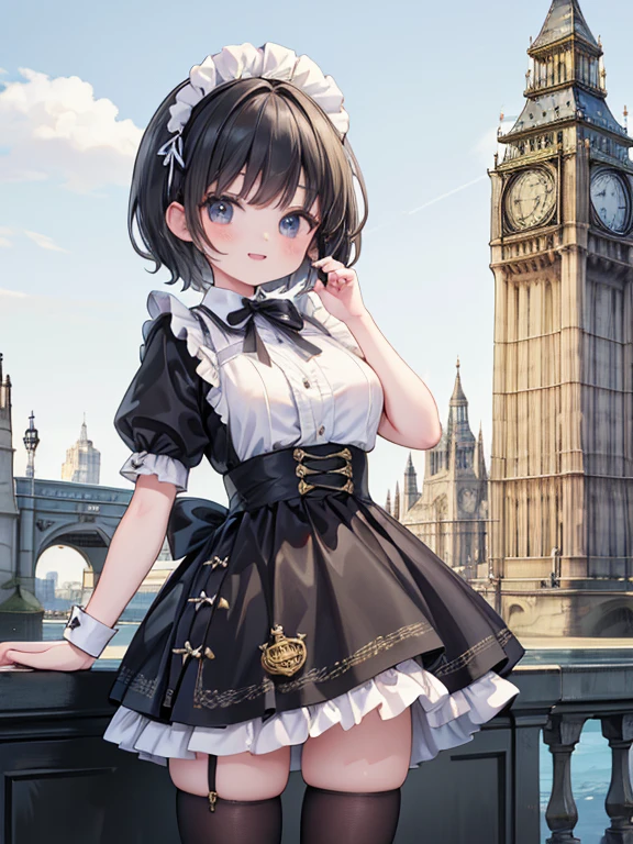 masterpiece, highest quality, Very detailed, 16k, Ultra-high resolution, Cowboy Shot, Detailed face, Perfect Fingers, A 13-year-old girl, black eye, smile, Black Hair, short hair, Black maid outfit, b1gb3, London,  Before Big Ben