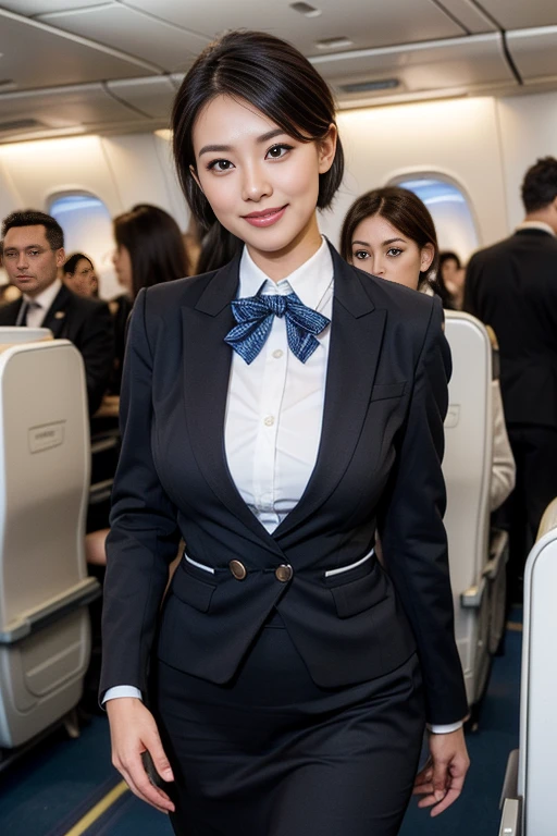 1womanl, 40 years、hyperdetailed face、Detailed lips、A detailed eye、double eyelid、(Black bob shortcut hair、Smiling as you walk slowly down the aisle)、(Stewardess uniform:1.2)、(Glamorous body)、(Colossal tits)、thighs thighs thighs thighs, Perfect fit, Perfect image realism, Background with: (Business Class aisle on airplanes:1.2), Cowboy Shot, In-depth background, detailed costume, Perfect litthing、Hyper-Realism、(Photorealsitic:1.4)、8K maximum resolution, (​masterpiece), ighly detailed, Professional, butt facing camera, waist shot