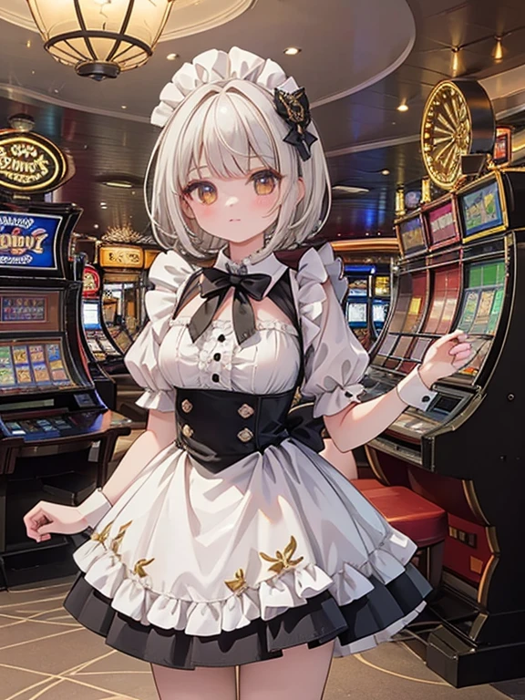 masterpiece, highest quality, Very detailed, 16k, Ultra-high resolution, Cowboy Shot, Detailed face, Perfect Fingers, A , Golden Eyes, Silver Hair, short hair, Black maid outfit, casino, In front of the casino slots, Spin the slots