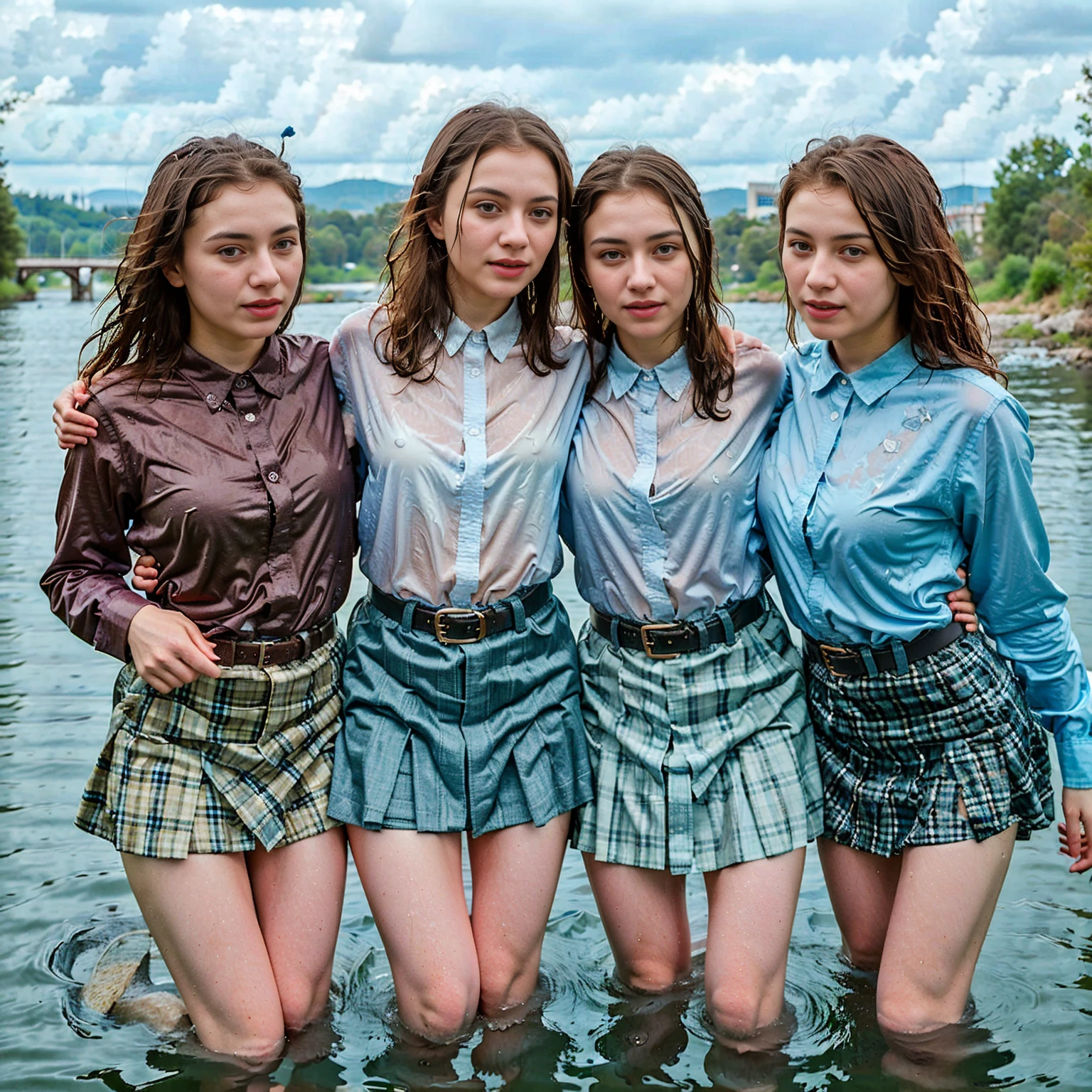 3 women swimming in the river, rain, wet hair, flirting with each other, cheerful, wet collared shirt, skirt, belt soakingwetclothes, partially submerged, photographed on a Fujifilm XT3, 80mm F/1.7 prime lens, cinematic film still, cinestill 500T, highly detailed, masterpiece, highest quality, intricately detailed, HDR, 8k, uhd, photorealistic