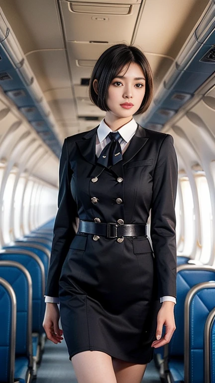 1beautiful womanl, 28years、hyperdetailed face、Detailed lips、A detailed eye、double eyelid、(Black bob shortcut hair , while walking gracefully down the aisle)、(Stewardess uniform:1.2)、(Glamorous body)、(Colossal tits)、thighs thighs thighs thighs, Perfect fit, Perfect image realism, Background with: (Business Class aisle on airplanes:1.2), Cowboy Shot, Meticulous background, detailed costume, Perfect litthing、Hyper-Realism、(Photorealsitic:1.4)、8K maximum resolution, (​masterpiece), ighly detailed, Professional