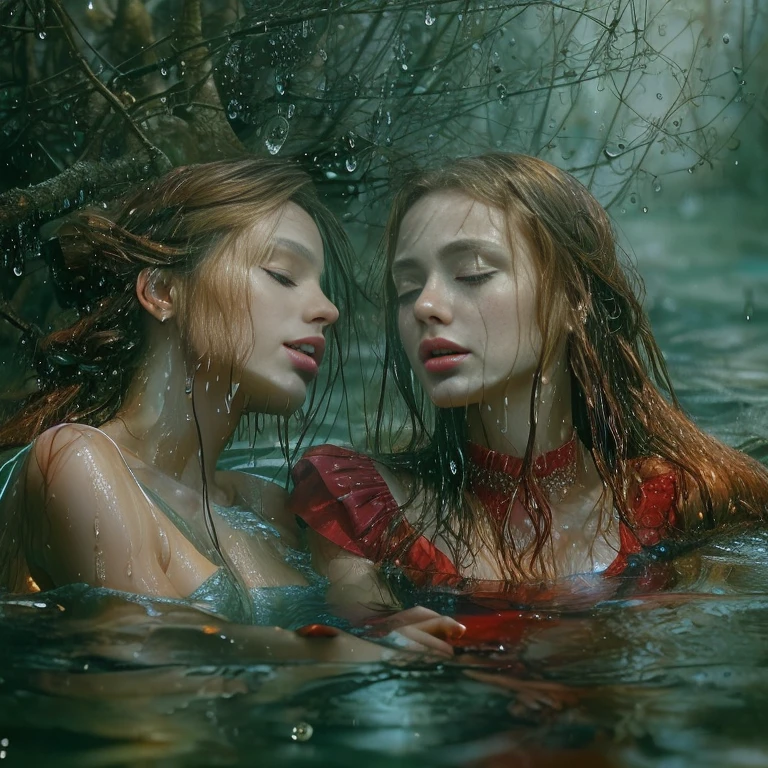 Two women sitting in the water, red dress, expensive dress, long sleeves, closeup fantasy with water magic, beautiful maidens, lesbian, looking at each other, leaning in, touching,  lips touching, wearing a dress made of water, lots of cleavage, breasts touching, realistic oil painting, dripping wet, in water up to her shoulders, beautiful realistic painting, nymph in the water, hyperrealist portrait in a river, hyperrealistic fantasy art, splashing, realistic fantasy painting, cute shot, narrow depth of field, 8k, nsfw, drenched, ((soaked)), dripping water, dripping oil, heavy clothes, soaked in oil, wet all over, rouge lipstick, wet dripping hair, transparent