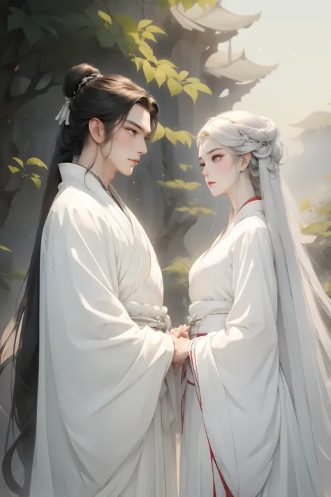 A couple，Women wearing white Hanfu，Men wearing armor，Disagreement，Look up slightly and look into the distance，contour，Simple is ...