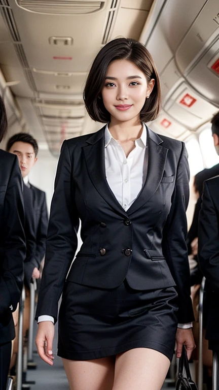1beautiful womanl, 28years、hyperdetailed face、Detailed lips、A detailed eye、double eyelid、(Black bob shortcut hair、Smiling while walking gracefully down the aisle)、(Stewardess uniform:1.2)、(Glamorous body)、(Colossal tits)、thighs thighs thighs thighs, Perfect fit, Perfect image realism, Background with: (Business Class aisle on airplanes:1.2), Cowboy Shot, Meticulous background, detailed costume, Perfect litthing、Hyper-Realism、(Photorealsitic:1.4)、8K maximum resolution, (​masterpiece), ighly detailed, Professional