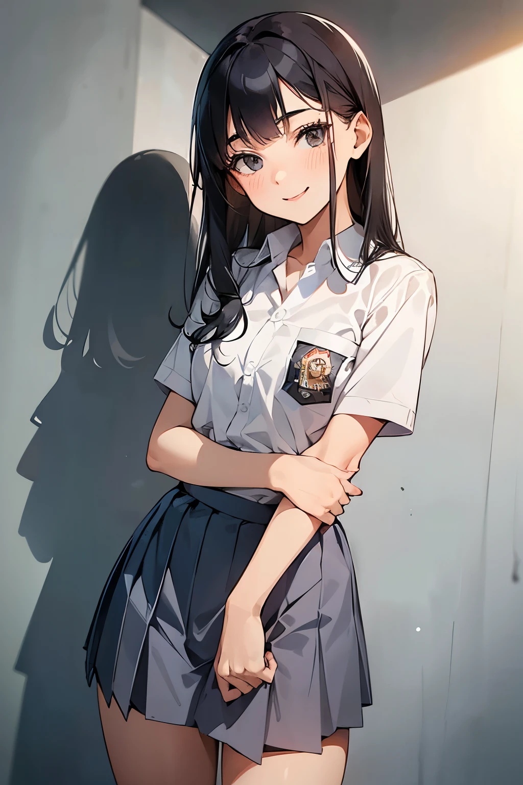 1 woman, 16 years old, ((long haircut)), black eyes, Indonesian high-school uniform, white shirt, osis logo on shirt pocket, small breasts, grey pleated skirt, half-shot, flirty look, smiling daring face, unbuttoned shirt