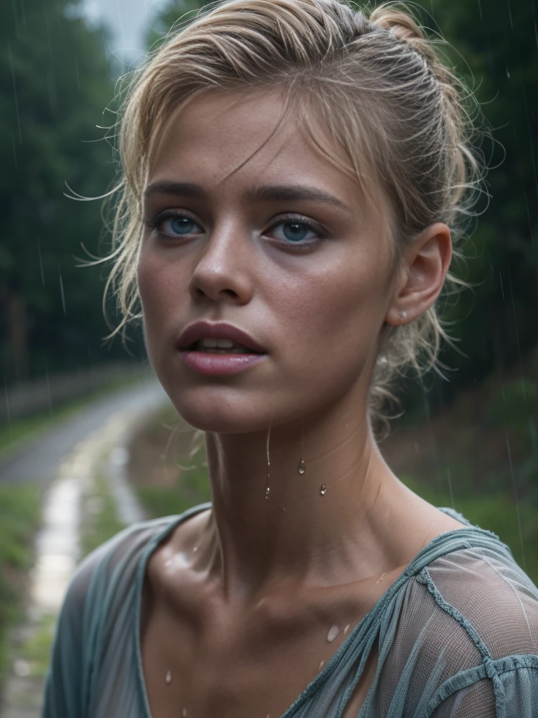 chef-d&#39;œuvre, une photo à moitié du corps d&#39;une belle fille danoise européenne pleurant sur une route de campagne, pluvieux, arbres autour de la route, marche, chemise mouillée, vêtements trempés, cheveux humide, cheveux courts de lutin, cheveux blond clair, yeux bleus, corps maigre des coureurs, peau pâle, ((petits seins gaies, seins exposés)), 16k, photoréaliste ultra haute résolution, UHD, BRUT, Reflex numérique, netteté, éclairage naturel