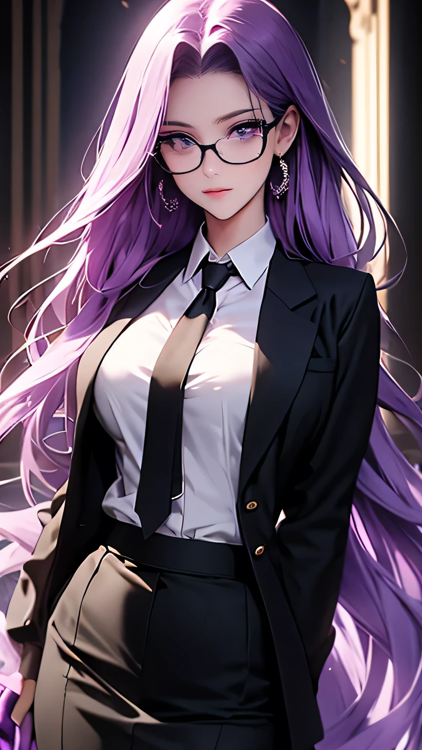 highest quality,masterpiece,High resolution,only,{Black business suit:1.40},{tie:1.20},{White gloves:1.15},{ White shirt:1.10}, {Black Skirt:1.15}, good looking, {Medusa_FGO:1.15}, length_hair, purple_hair, very_length_hair, purple_eye, chest, big_chest、Amazing big breasts
