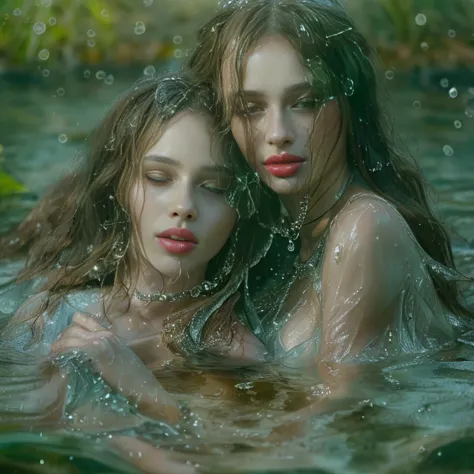 two young women in the water, summer dress, expensive dress, long sleeves, closeup fantasy with water magic, beautiful maidens, ...