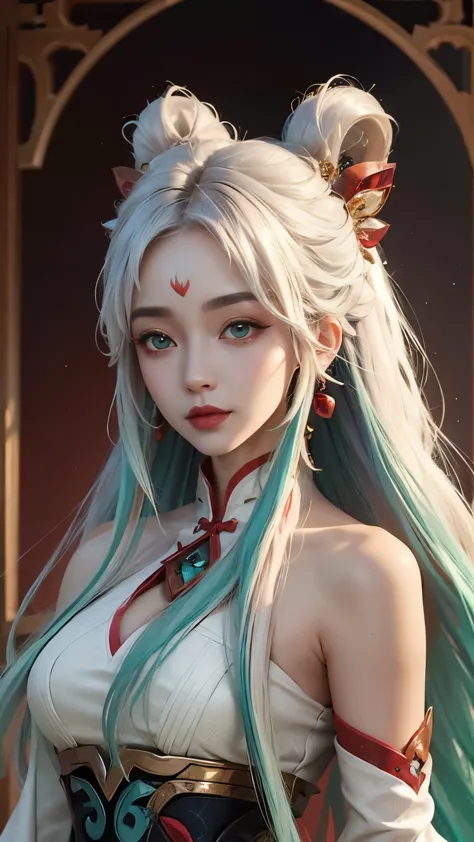 (masterpiece, best quality:1.2), intricate details, mythmaker irelia, 1girl, hair ornament, hair rings, bare shoulders, dress, d...