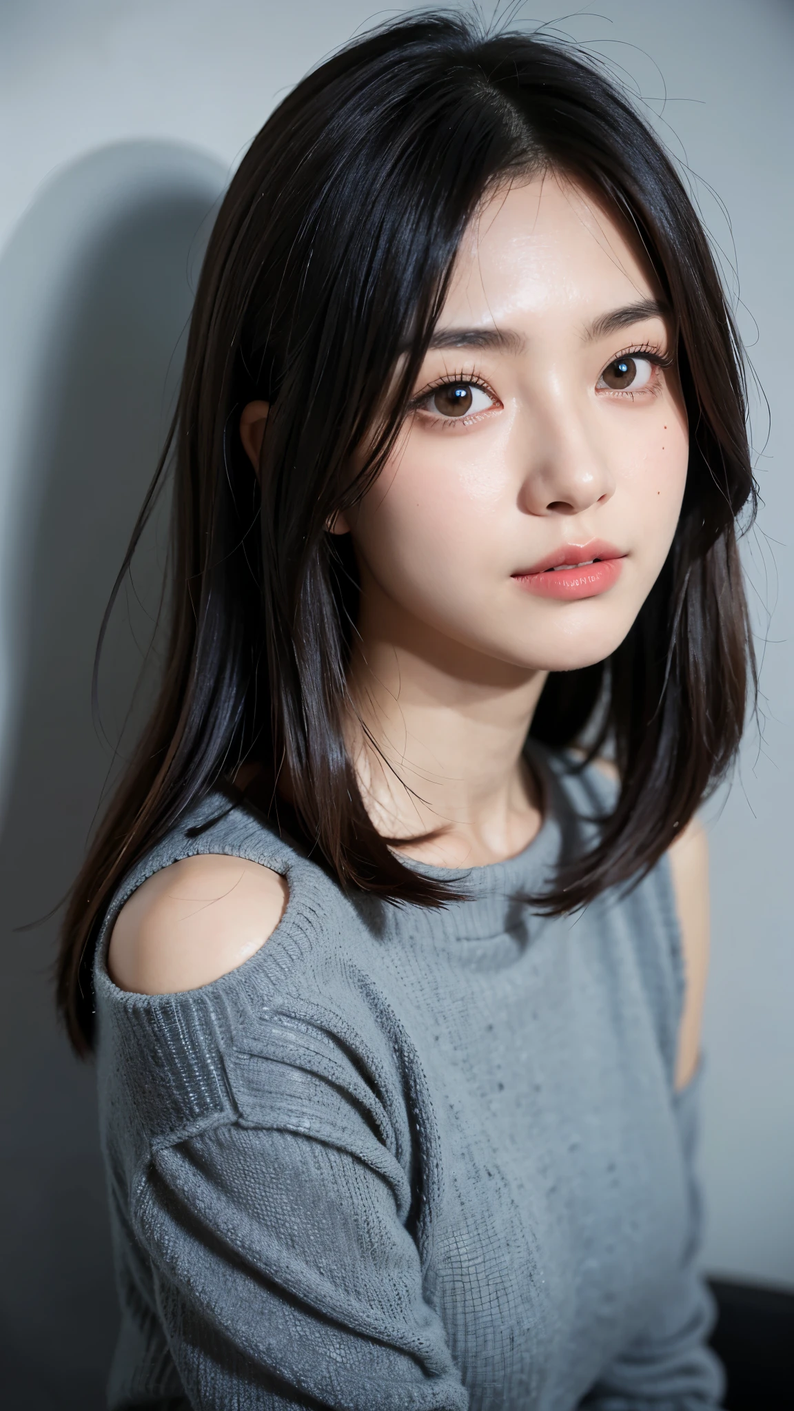 (((Close-up of face)))、(((Absolutely shoulder-length brown straight short bob)))、(((She is posing like a hair salon model, with a black wall indoors as the background.)))、(((Casual black winter long sleeves with shoulders covered)))、Half Japanese, half Korean、18 year old girl、Standing Alone、Looking forward、Light eye makeup、Brown Hair Color、Flat and 、Hair blowing in the wind、Actress Quality、Glossy, ultra-realistic face、Smiling face、Watery eyes、Gazing Up、Subtle lighting effects、 Ultra-Realistic Capture、Very detailed、High resolution 16K close up of human skin。Skin texture must be natural、The details must be such that pores can be clearly seen、The skin is healthy、Uniform tone、Use natural light and colors、A worn-out, high-quality photo taken by a model agency&#39;s in-house photographer.、smile、(((SIGMA 300 mm F/1.4,1/1000 sec shutter,ISO 400))) 