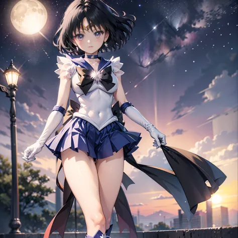 (full body)，high resolution，Detailed Description，highest quality，(sailor senshi uniform),Sailor Saturn，Black Hair，Cosmos，leotard...