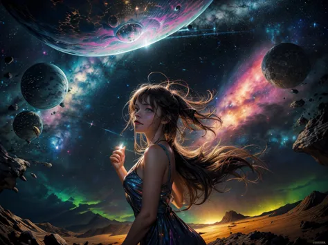 ((girl enjoying her time in dream galaxy, rodeado de estrelas, uma luz quente pulverizou sobre ela, the background is a starry s...