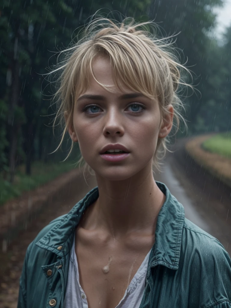 Masterpiece, a half body shot of a beautiful european Danish girl crying in a countryside road, rainy, trees around the road, walking, wet shirt, soaked clothes, wet hair, short pixie hair, light blond hair, blue eyes, runners skinny body, pale skin, ((small perky breasts, exposed breatsts)), 16K, ultra high resolution photorealistic, UHD, RAW, DSLR, sharp focus, natural lighting