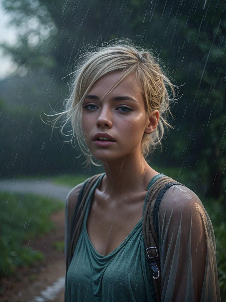 Masterpiece, a half body shot of a beautiful european Danish girl crying in a countryside road, rainy, trees around the road, walking, wet shirt, soaked clothes, wet hair, short pixie hair, light blond hair, blue eyes, runners skinny body, pale skin, ((small perky breasts, exposed breatsts)), 16K, ultra high resolution photorealistic, UHD, RAW, DSLR, sharp focus, natural lighting