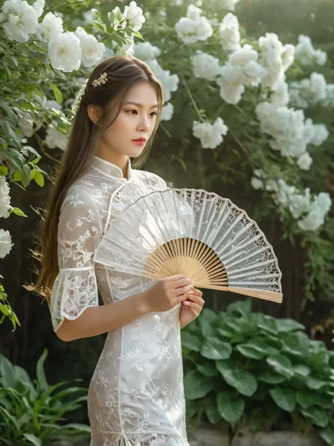 A beautiful European girl, Standing in the garden, Wearing white lace cheongsam, Holding an exquisite pure white lace fan, Cover...