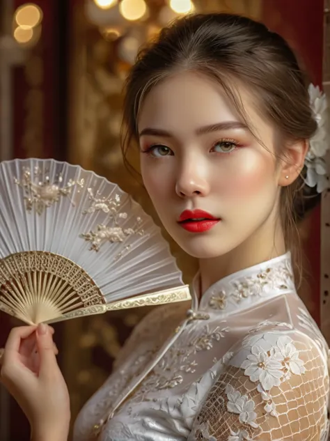 beautiful European girl,wearing white lace cheongsam,elegant posture,delicately holding a pure white lace fan,covering her face,...