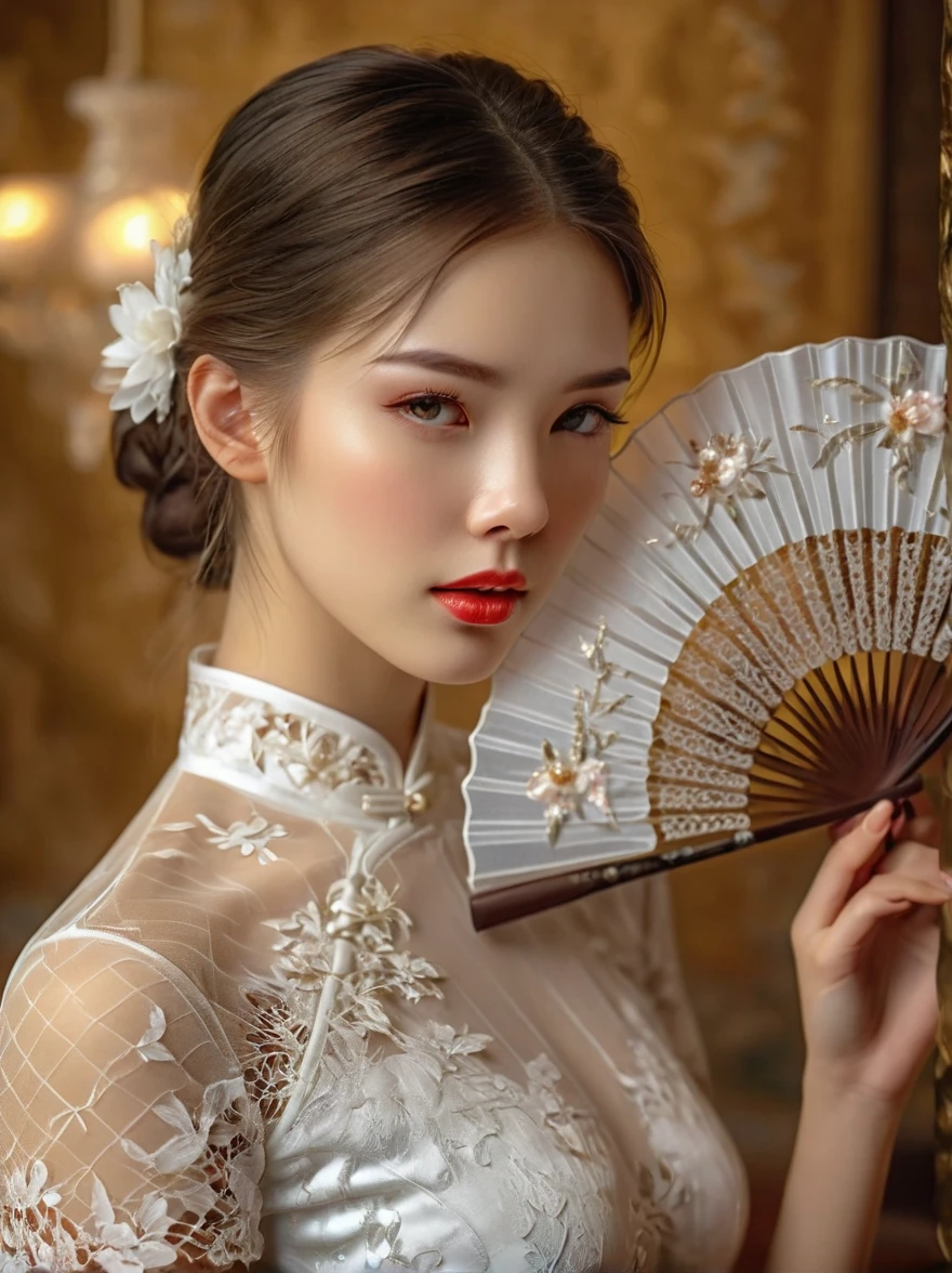 beautiful European girl,wearing white lace cheongsam,elegant posture,delicately holding a pure white lace fan,covering her face,beautiful detailed eyes,beautiful detailed lips,extremely detailed eyes and face,long eyelashes,high fashion,ornate lace details,splendid fabric texture,golden background, studio lighting,vivid colors,bokeh,sharp focus,physically-based rendering,calm expression, Romanticism, Luminism, first-person view, cowboy shot, UHD, masterpiece, accurate, anatomically correct, high details, award winning, 8k