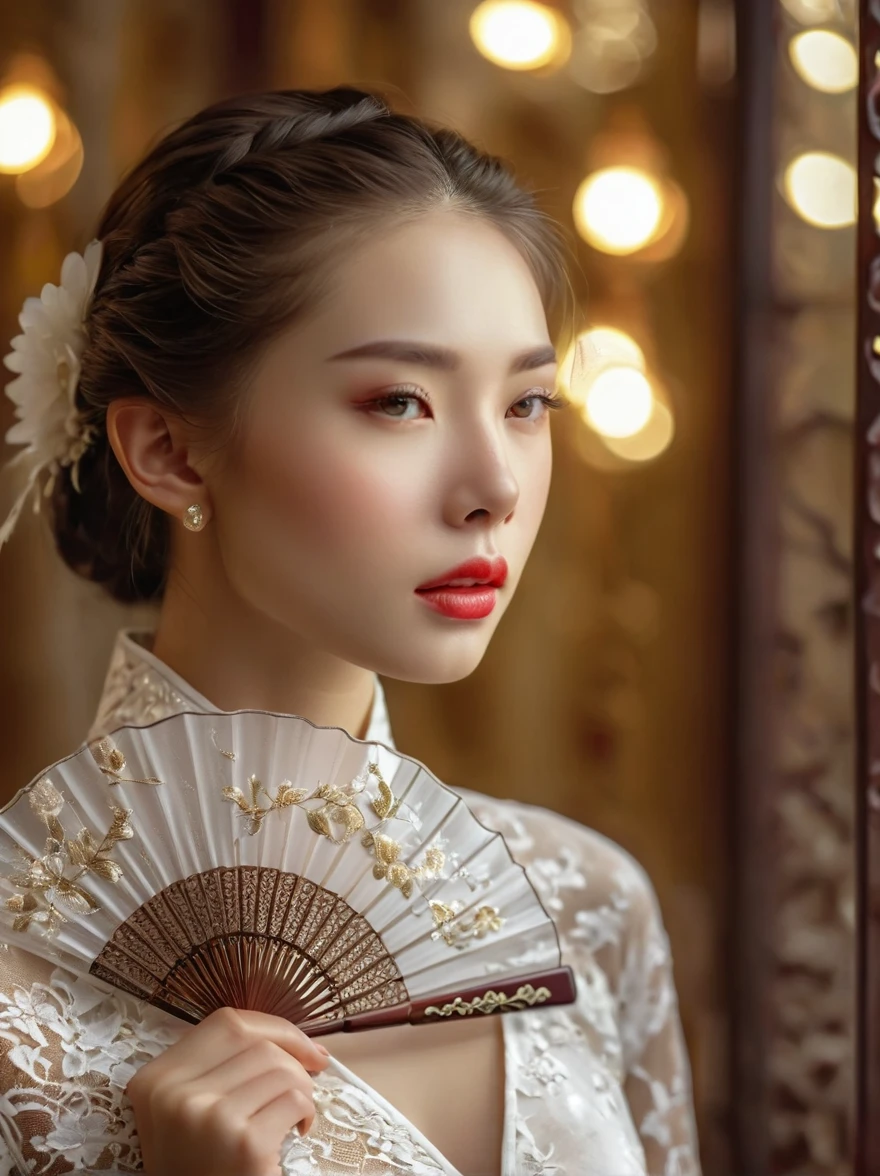 สาวยุโรปแสนสวย,สวมชุดกี่เพ้าลูกไม้สีขาว,ท่าทางที่หรูหรา,ถือพัดลูกไม้สีขาวบริสุทธิ์อย่างประณีต,ปิดบังใบหน้าของเธอ,ดวงตาที่มีรายละเอียดสวยงาม,ริมฝีปากที่มีรายละเอียดสวยงาม,ดวงตาและใบหน้าที่มีรายละเอียดมาก,ขนตายาว,แฟชั่นชั้นสูง,รายละเอียดลูกไม้หรูหรา,เนื้อผ้าสวยงาม,พื้นหลังสีทอง, แสงสตูดิโอ,สีสันสดใส,โบเก้,โฟกัสคมชัด,การเรนเดอร์ตามทางกายภาพ,การแสดงออกที่สงบ, แนวโรแมนติก, ความส่องสว่าง, มุมมองบุคคลที่หนึ่ง, คาวบอยช็อต, ยูเอชดี, ผลงานชิ้นเอก, แม่นยำ, ถูกต้องตามหลักกายวิภาค, รายละเอียดสูง, ได้รับรางวัล, 8k