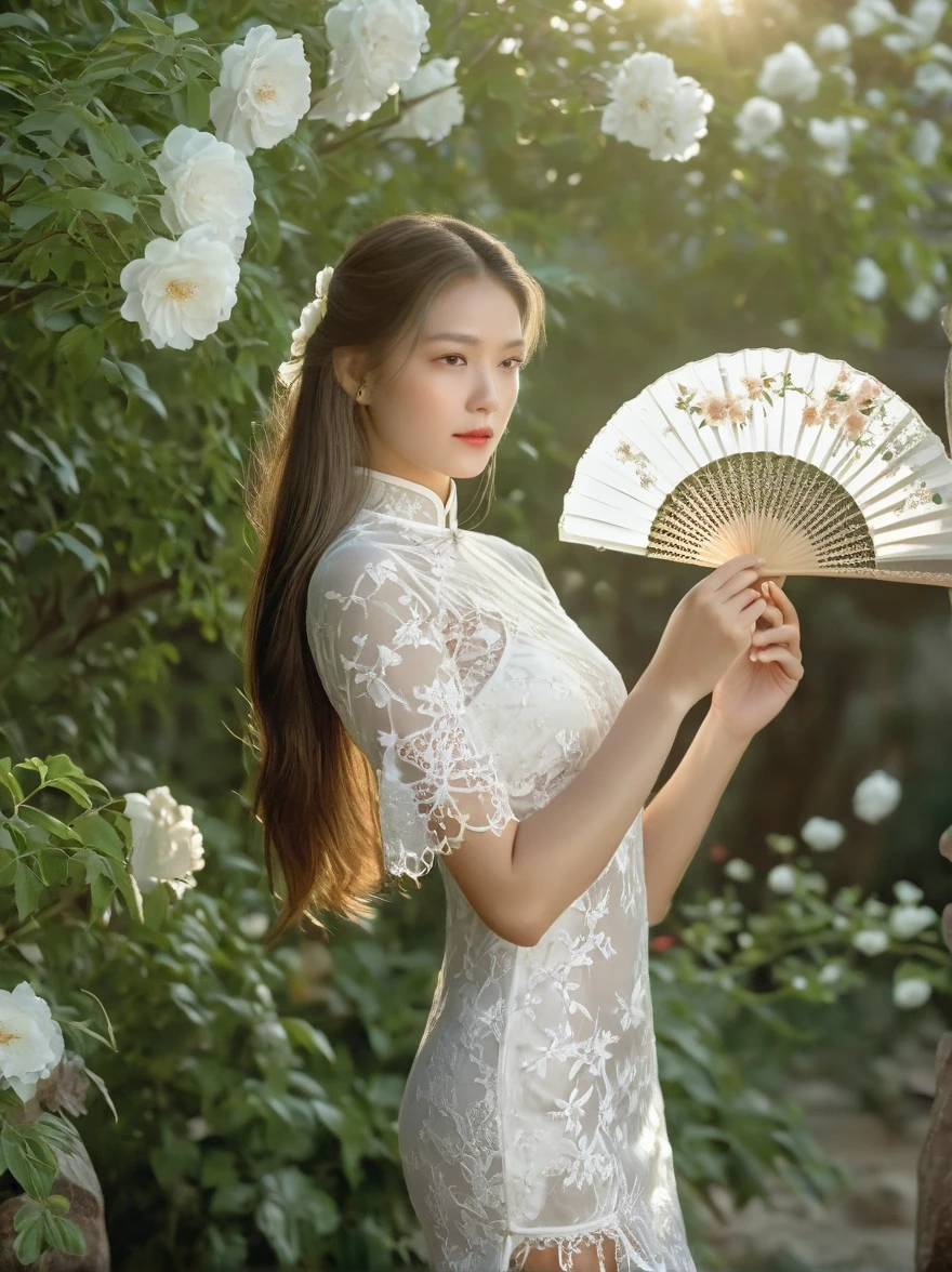 Uma menina europeia bonita, De pé no jardim, vestindo cheongsam de renda branca, Segurando um requintado leque de renda branca pura, Cobrindo seu rosto, Fino acabamento do ventilador, Com padrão floral de renda branca, a menina tem cabelo comprido, elegante, Luz suave, Difusão, cores suaves e delicadas, Luz natural, Elegante e bonito, romantismo, Luminismo, visão em primeira pessoa, tiro de vaqueiro, Ultra HD, Obra de arte, Preciso, anatomicamente correto, detalhes altos, premiado, 8K