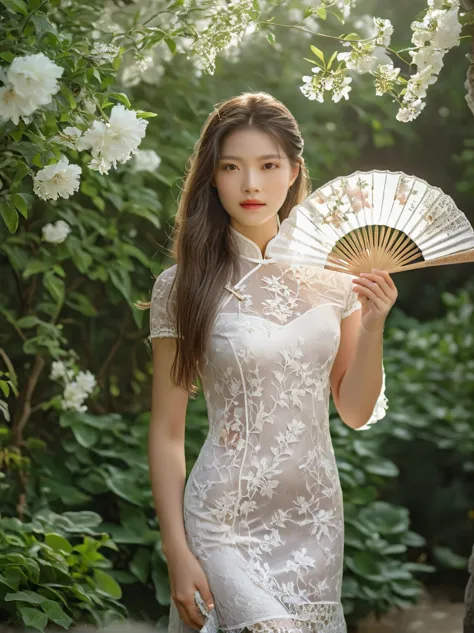 a beautiful european girl, standing in the garden, wearing white lace cheongsam, holding an exquisite pure white lace fan, cover...