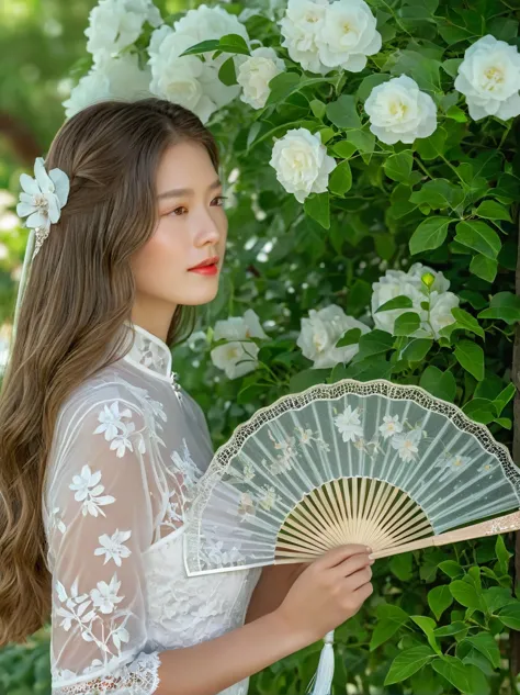 A beautiful European girl, Standing in the garden, Wearing white lace cheongsam, Holding an exquisite pure white lace fan, Cover...