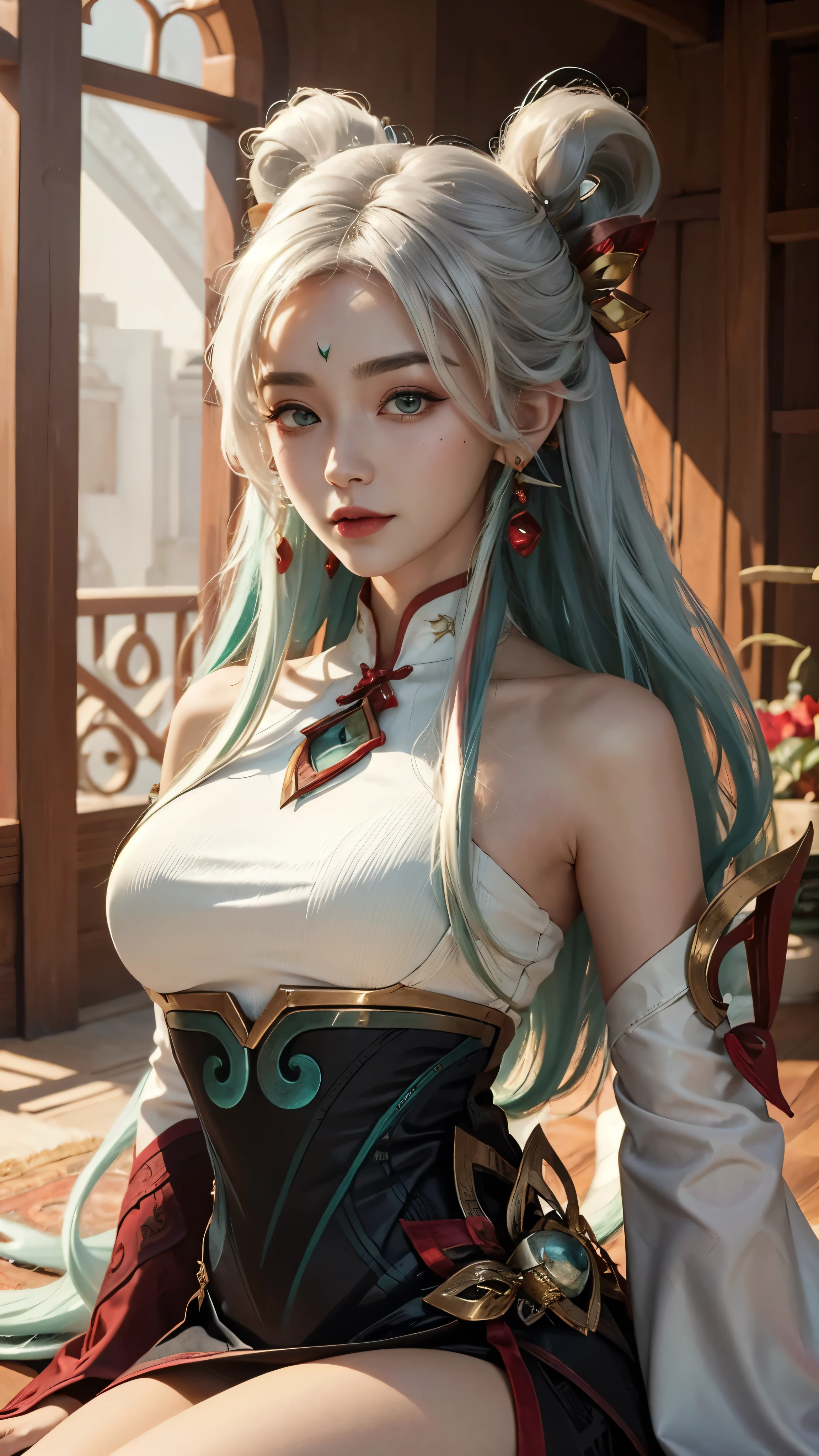 (masterpiece, best quality:1.2), intricate details, mythmaker irelia, 1girl, hair ornament, hair rings, bare shoulders, dress, detached sleeves, forehead mark, multicolored hair, white hair, earrings, green eyes, textured skin, looking at viewer, solo, light smile, (mature female:1.2),sexy pose:1.6,