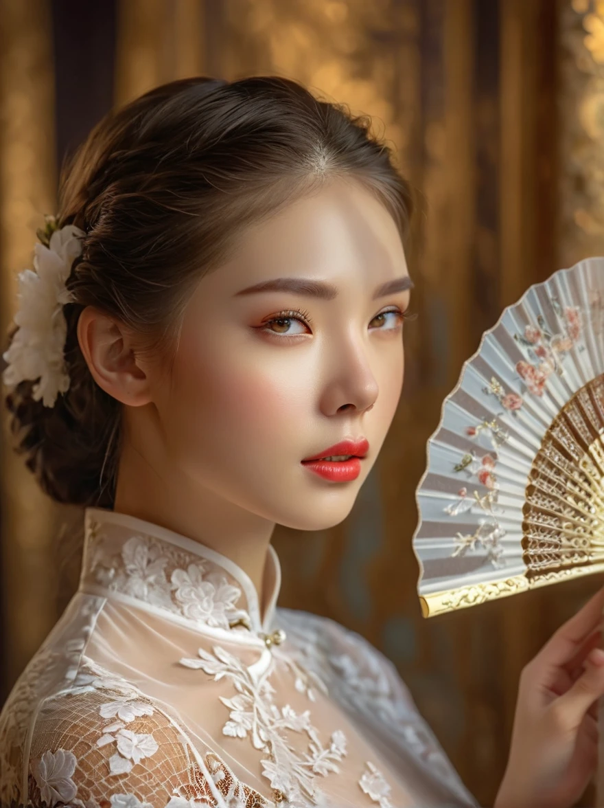 สาวยุโรปแสนสวย,สวมชุดกี่เพ้าลูกไม้สีขาว,ท่าทางที่หรูหรา,ถือพัดลูกไม้สีขาวบริสุทธิ์อย่างประณีต,ปิดบังใบหน้าของเธอ,ดวงตาที่มีรายละเอียดสวยงาม,ริมฝีปากที่มีรายละเอียดสวยงาม,ดวงตาและใบหน้าที่มีรายละเอียดมาก,ขนตายาว,แฟชั่นชั้นสูง,รายละเอียดลูกไม้หรูหรา,เนื้อผ้าสวยงาม,พื้นหลังสีทอง, แสงสตูดิโอ,สีสันสดใส,โบเก้,โฟกัสคมชัด,การเรนเดอร์ตามทางกายภาพ,การแสดงออกที่สงบ, ยวนใจ, ความส่องสว่าง, มุมมองบุคคลที่หนึ่ง, ยิงคาวบอย, ยูเอชดี, ผลงานชิ้นเอก, แม่นยำ, ถูกต้องตามหลักกายวิภาคศาสตร์, รายละเอียดสูง, ได้รับรางวัล, 8ก