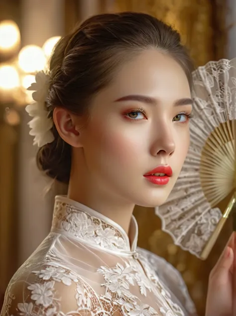 beautiful European girl,wearing white lace cheongsam,elegant posture,delicately holding a pure white lace fan,covering her face,...