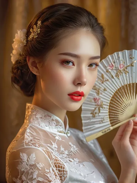 beautiful european girl,wearing white lace cheongsam,elegant posture,delicately holding a pure white lace fan,covering her face,...