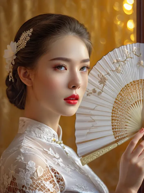 beautiful European girl,wearing white lace cheongsam,elegant posture,delicately holding a pure white lace fan,covering her face,...