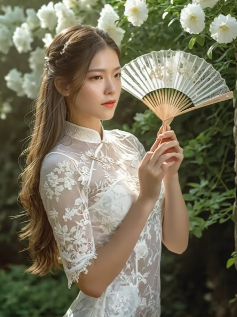 A beautiful European girl, Standing in the garden, Wearing white lace cheongsam, Holding an exquisite pure white lace fan, Cover...
