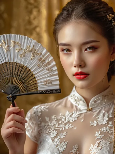 beautiful European girl,wearing white lace cheongsam,elegant posture,delicately holding a pure white lace fan,covering her face,...